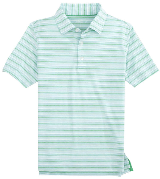 Green and white striped Johnnie-O Boys' Richie Jr. Polo with short sleeves, a buttoned collar, and UPF 50 sun protection, displayed flat.