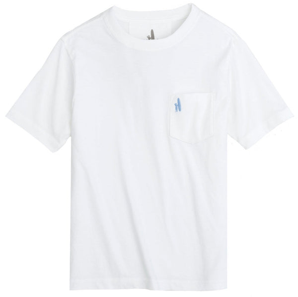 Johnnie-O Boys' Dale Jr. T-shirt with a small embroidered logo on the pocket isolated on a white background.