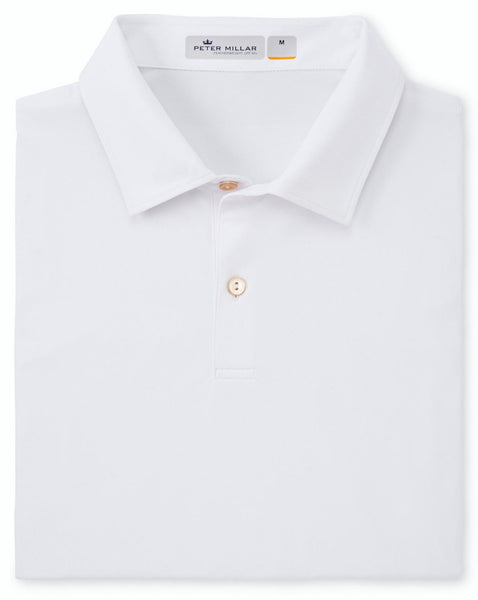 Peter Millar Featherweight Melange Polo, designed with moisture-wicking technology, folded neatly with top button fastened.