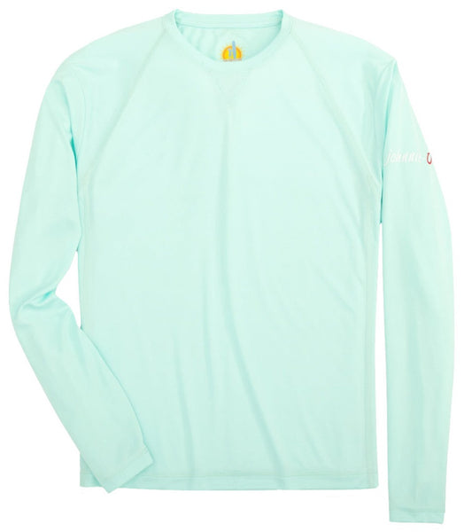 A long-sleeve, light turquoise Johnnie-O Gavin Long-Sleeve Sun Shirt with a round neckline, made from a lightweight, quick drying fabric. This plain shirt by Johnnie-O has no distinct patterns or designs and offers UPF50 sun protection.