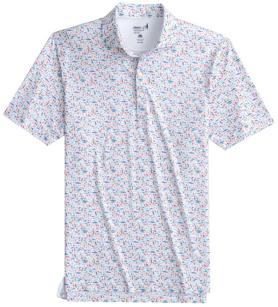 A white Johnnie-O Sunshine State Performance Polo with a colorful abstract print laid flat on a plain background.