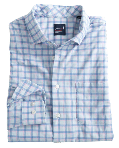 A lightweight Johnnie-O Neta Shirt in blue and pink plaid on a white background.