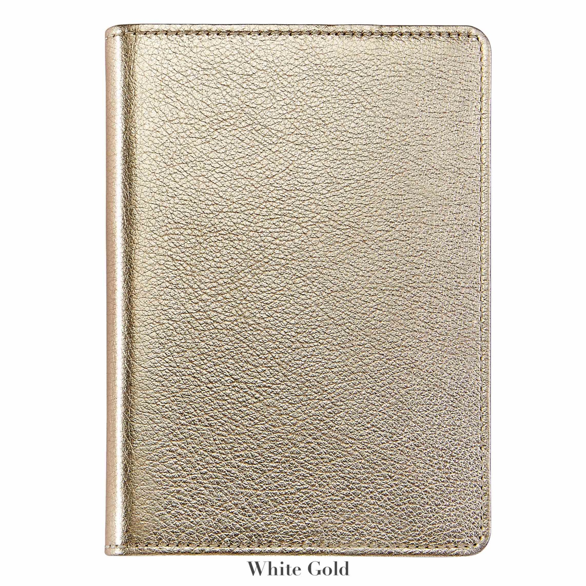 The Graphic Image 7" Leather Notebook in metallic white gold features textured leather and a closed design, shown against a white background—a perfect companion for capturing inspiration anywhere.
