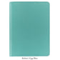 A 7" Leather Notebook by Graphic Image in robin’s egg blue, featuring a textured cover and closed design, is displayed on a white background. Below, the text reads “Robin’s Egg Blue.”.