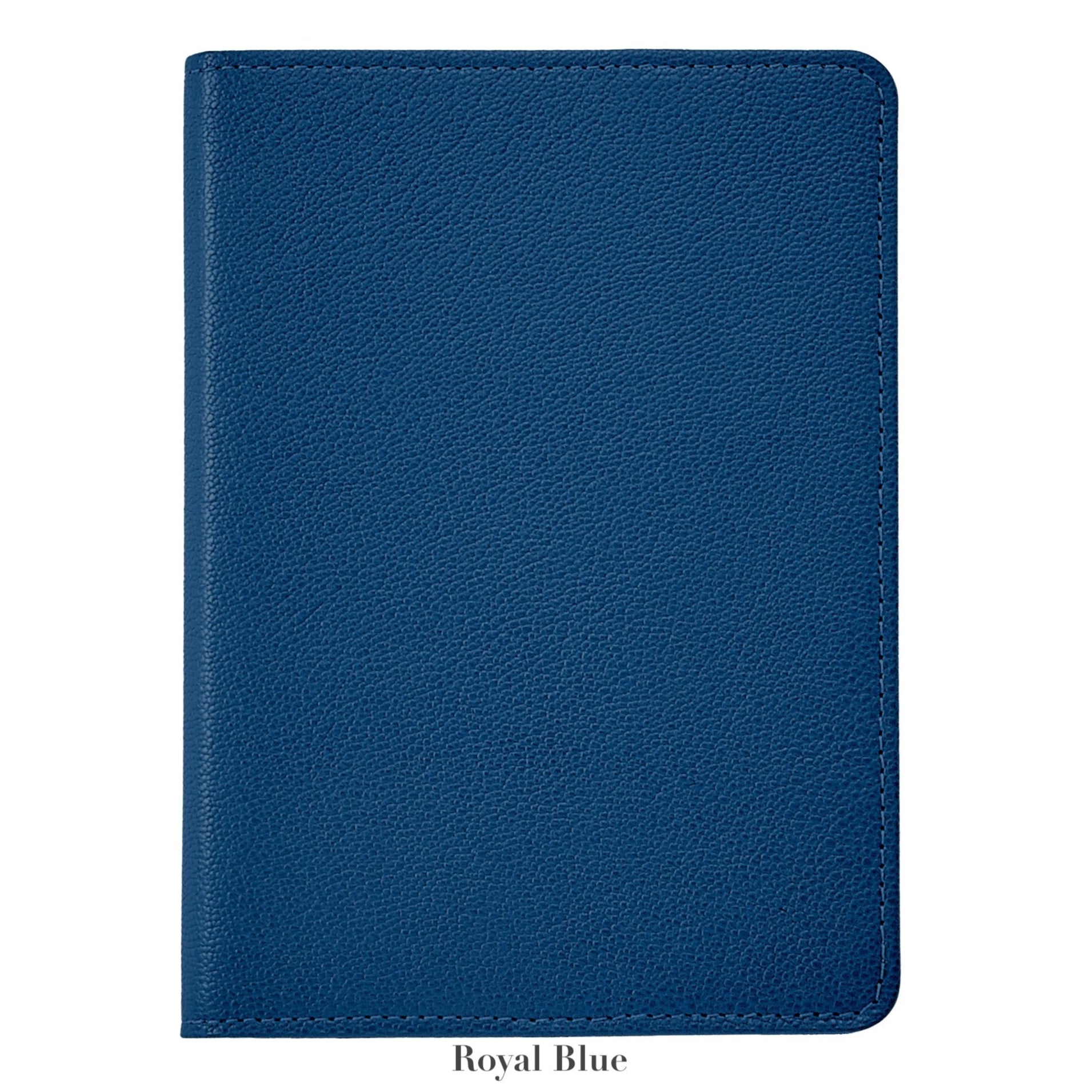 A closed 7" Leather Notebook by Graphic Image, in royal blue leather with gold-gilded premium paper, is centered on a plain white background. The words "Royal Blue" appear below.