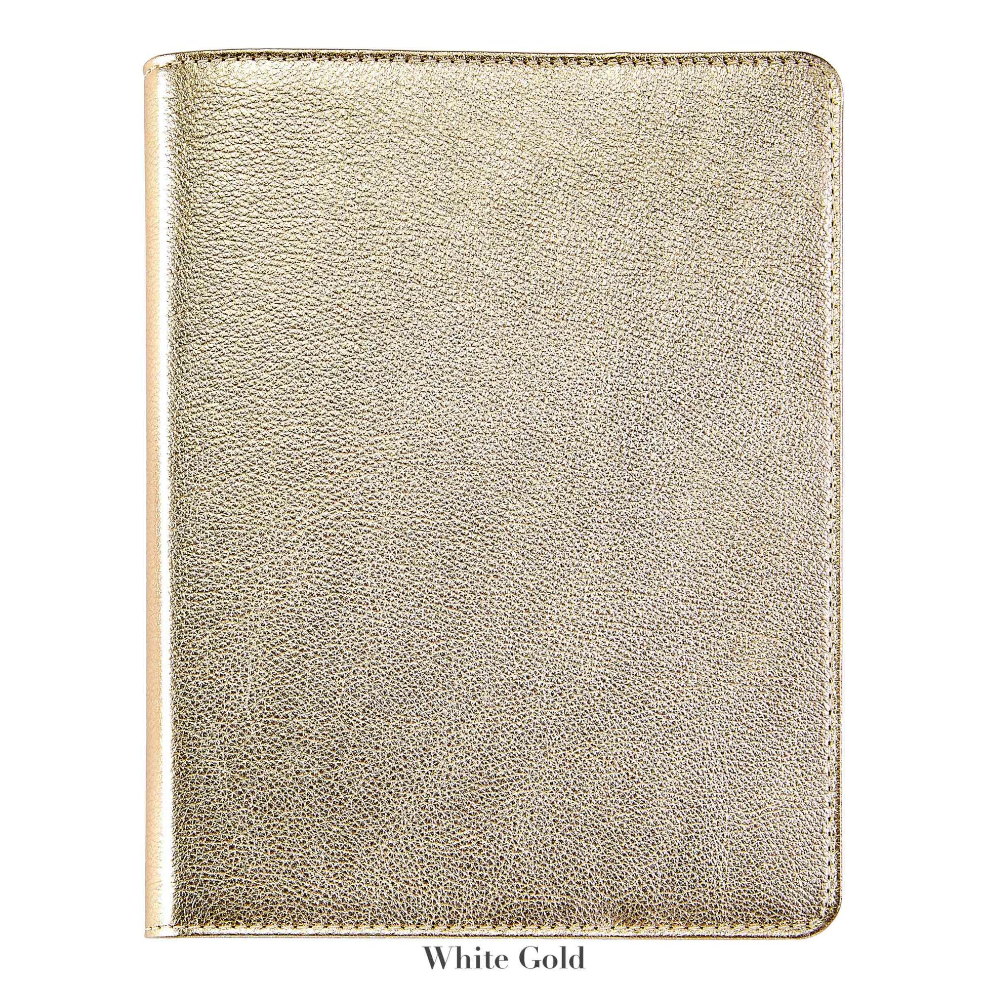 The Graphic Image 9" Leather Notebook features a closed, metallic white gold leather cover with a textured finish and refillable pages, shown against a white background.