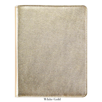 The Graphic Image 9" Leather Notebook features a closed, metallic white gold leather cover with a textured finish and refillable pages, shown against a white background.