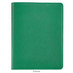 A 7" green leather notebook by Graphic Image, a perfect writer's companion, rests on a white background with the word "Green" displayed below.