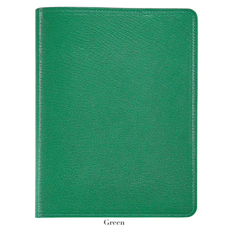 A 7" green leather notebook by Graphic Image, a perfect writer's companion, rests on a white background with the word "Green" displayed below.