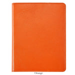 The Graphic Image 9" Leather Notebook in orange features textured leather with visible stitching and premium paper, shown against a white background.