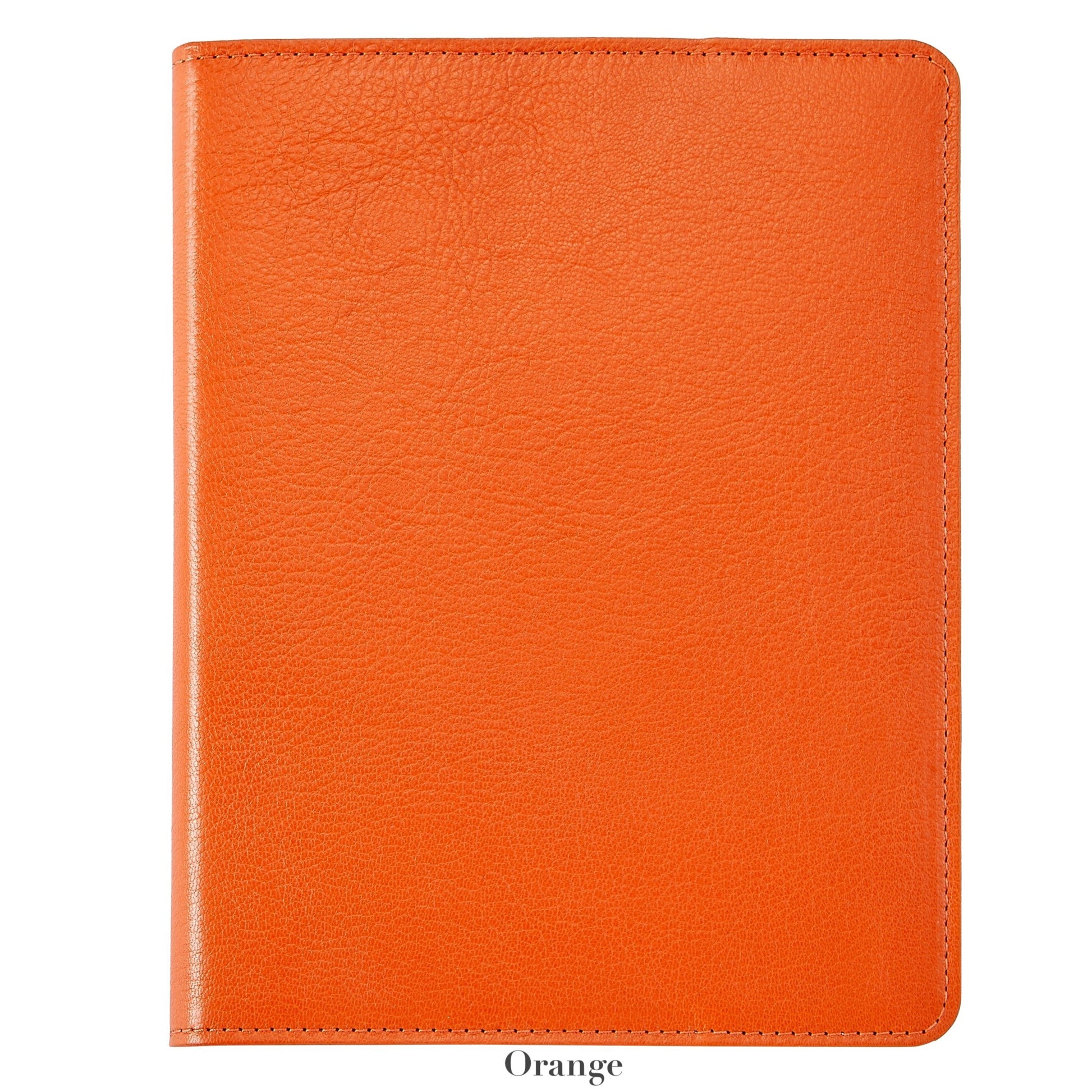The Graphic Image 9" Leather Notebook in orange features textured leather with visible stitching and premium paper, shown against a white background.