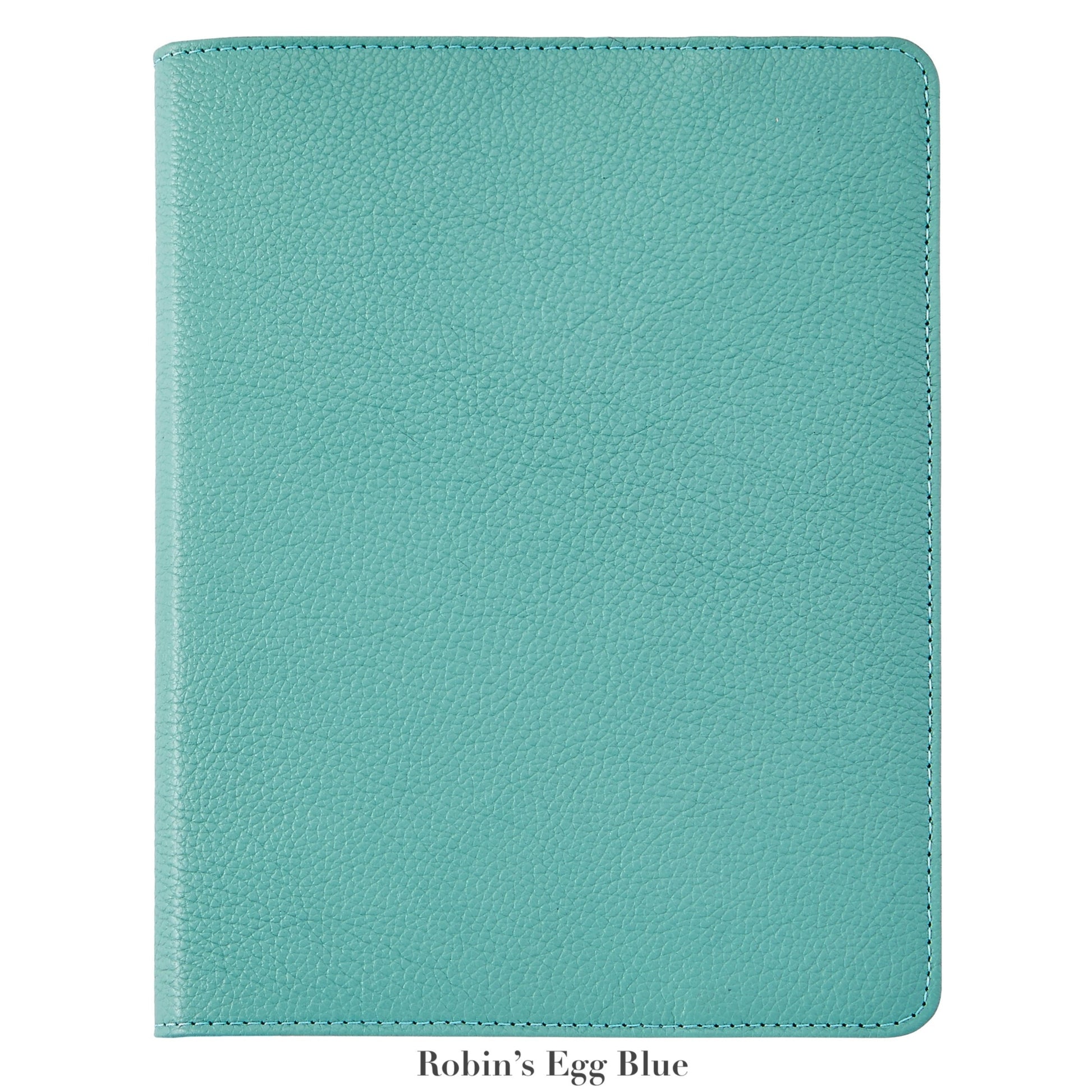 The Graphic Image 9" Leather Notebook, featuring a textured refillable cover in robin’s egg blue, is displayed closed against a white background.