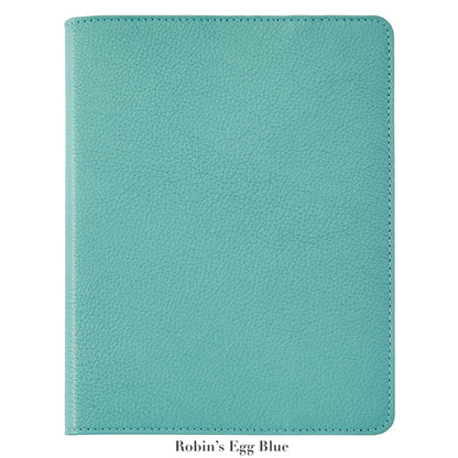 The Graphic Image 9" Leather Notebook, featuring a textured refillable cover in robin’s egg blue, is displayed closed against a white background.