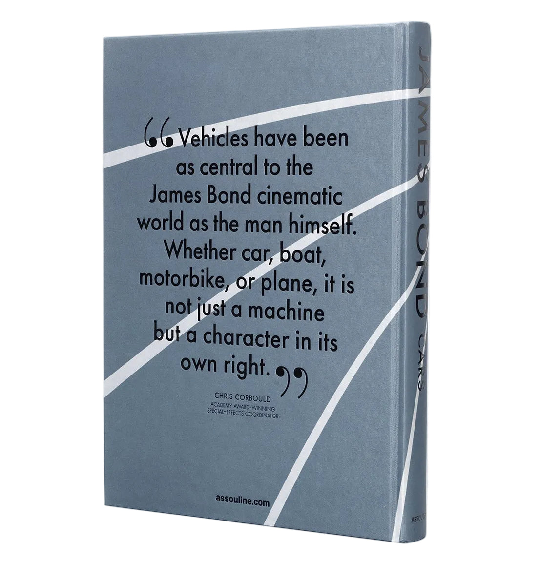 A blue hardcover book titled "James Bond Cars" by Assouline stands upright, showing its back cover with a prominent quote about the iconic cars featured in James Bond films.