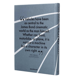 A blue hardcover book titled "James Bond Cars" by Assouline stands upright, showing its back cover with a prominent quote about the iconic cars featured in James Bond films.