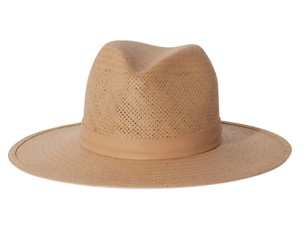 A beige Janessa Leone Simone Hat isolated on a white background.