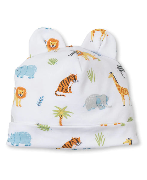A Kissy Kissy Tropical Jungle novelty hat with giraffes and zebras on it, made from soft Pima cotton.