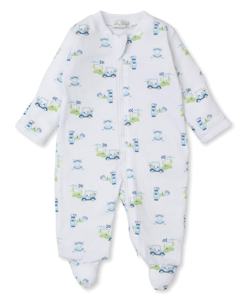 A cute Kissy Kissy Golf Club Zip Footie made of Pima cotton with blue and green cars print.