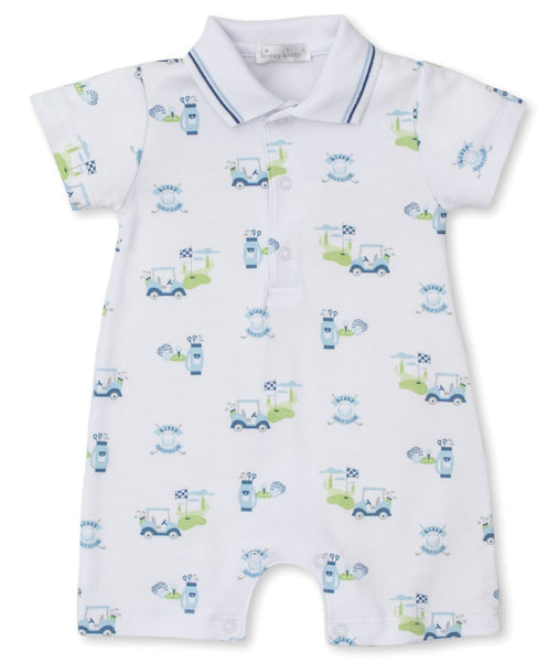 This baby boy's white romper features a snap closure and adorable golf-themed green and blue prints. Made from soft Pima cotton.
Product Name: Kissy Kissy Golf Club Print Short Playsuit
Brand Name: Kissy Kissy