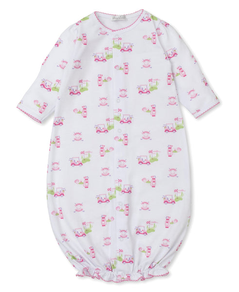 Infant's white Kissy Kissy Golf Club Printed Convertible Gown with pink trim and a pattern of golf-themed cars and trains, made from Pima cotton.
