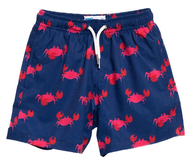 Bermies Boys' Swim Trunks with a red crab print, crafted from recycled polyester, and featuring a white drawstring.