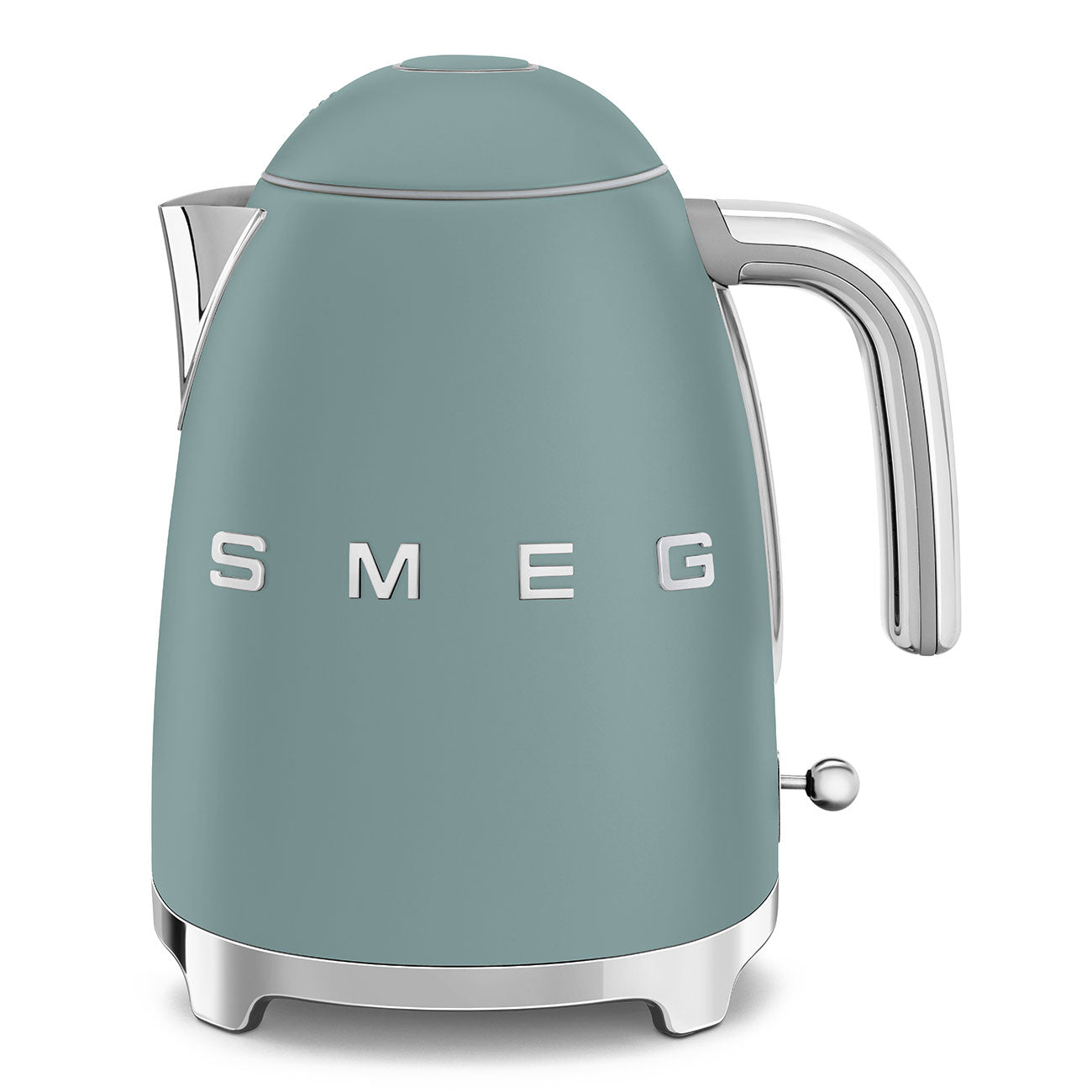 The Smeg Electric Kettle Collection features a pastel green finish, stainless steel body, chrome handle and accents, retro style, and the iconic SMEG logo on the front.