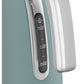 Close-up of a Smeg Electric Kettle Collection water level indicator displaying 0.5L to 1.7L measurements next to a metallic handle, with a stainless steel body set against a light blue background.
