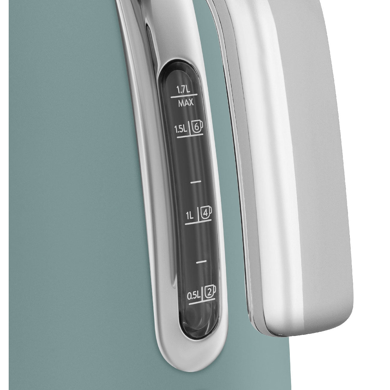 Close-up of a Smeg Electric Kettle Collection water level indicator displaying 0.5L to 1.7L measurements next to a metallic handle, with a stainless steel body set against a light blue background.
