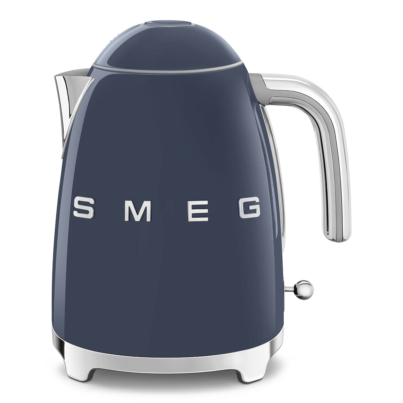The Smeg Electric Kettle Collection features a navy blue stainless steel body, silver handle and spout, stylish chrome accents, and the signature Smeg logo on the front for a distinctive retro look.