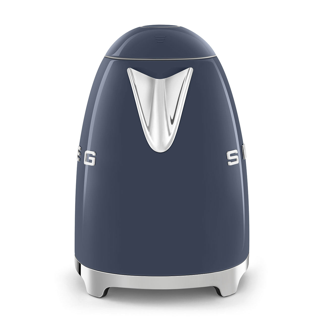 A navy blue Smeg Electric Kettle Collection appliance with a retro design, silver handle, and stainless steel body is shown from the back, with partial "S" and "G" lettering visible on its sides.