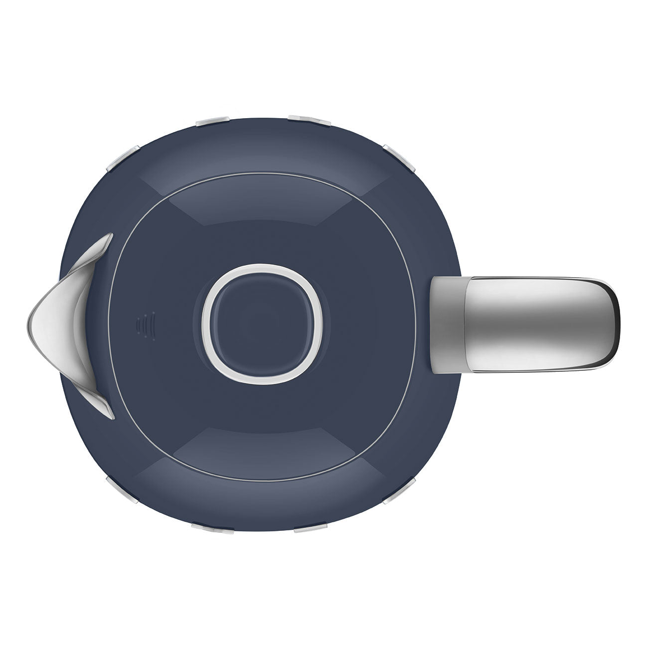 Top view of a Smeg Electric Kettle Collection appliance in dark blue with a gray handle and spout, circular central lid, and sleek stainless steel body.