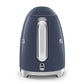 A Smeg Electric Kettle Collection model in navy blue and silver is shown from the back, highlighting its stainless steel body, handle, and power switch at the base.