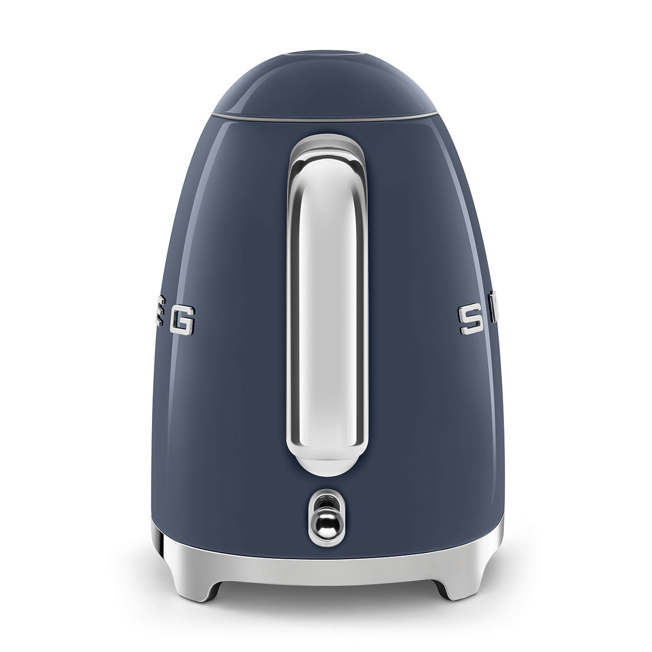 A Smeg Electric Kettle Collection model in navy blue and silver is shown from the back, highlighting its stainless steel body, handle, and power switch at the base.