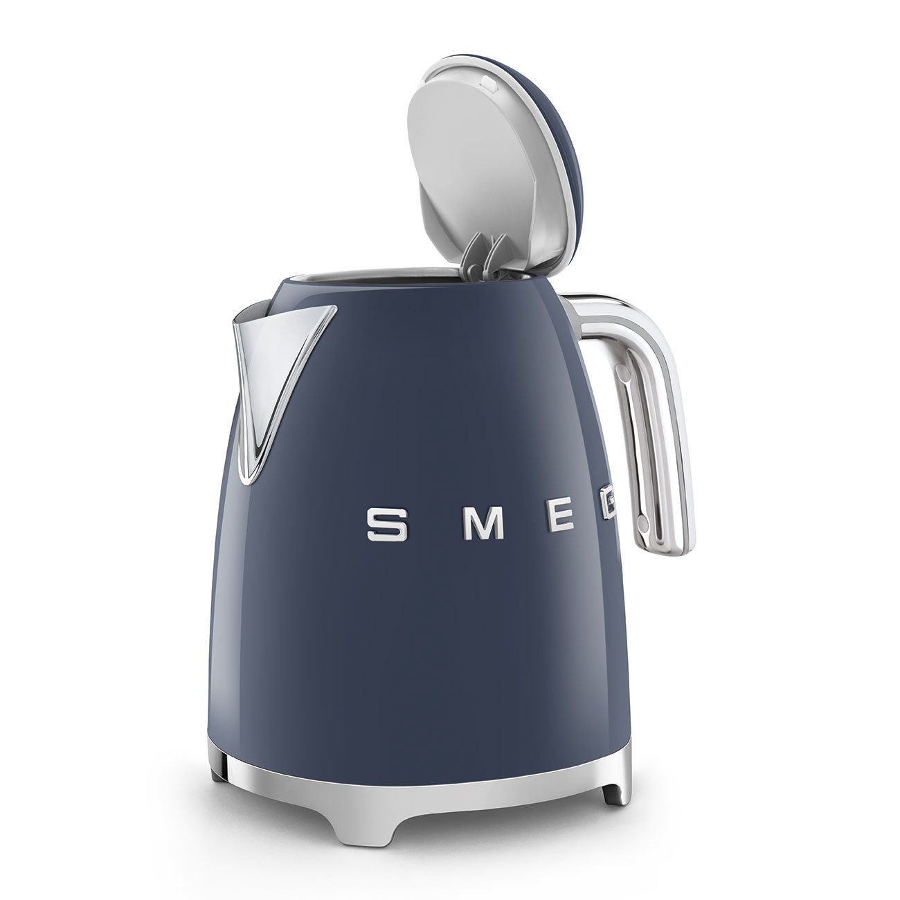 A blue Smeg Electric Kettle Collection model with a stainless steel body, silver handle, and open lid displays classic retro style against a white background.