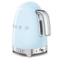The SMEG Variable Temperature Kettle Collection by Smeg features a light blue electric kettle with chrome accents, a retro-style LED temperature display, and a 360° swivel base for convenient handling, all set against a white background.