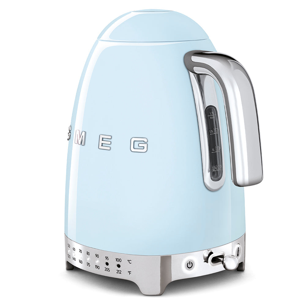 The SMEG Variable Temperature Kettle Collection by Smeg features a light blue electric kettle with chrome accents, a retro-style LED temperature display, and a 360° swivel base for convenient handling, all set against a white background.