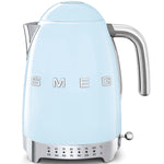 A retro-style light blue electric kettle from the SMEG Variable Temperature Kettle Collection by Smeg, featuring an LED temperature display at the base.