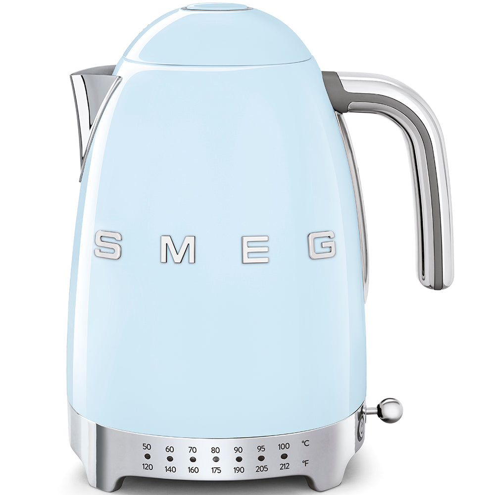 A retro-style light blue electric kettle from the SMEG Variable Temperature Kettle Collection by Smeg, featuring an LED temperature display at the base.