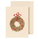 Crane's Classic Wreath Gift Enclosure Set features a festive wreath design with a red ribbon and bow, presented with a matching envelope.
