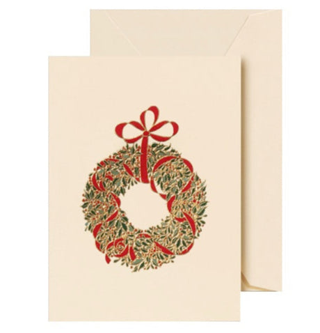 Crane's Classic Wreath Gift Enclosure Set features a festive wreath design with a red ribbon and bow, presented with a matching envelope.