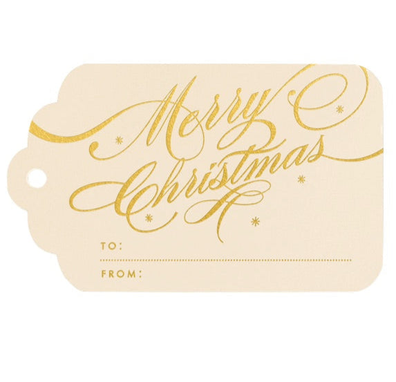The Crane Merry Christmas Ribbon Gift Tag Set features cream-colored gift tags with an ecru kid finish, gold "Merry Christmas" script, and labeled "To:" and "From:" lines—perfect for pairing with matching ribbon.