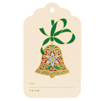 The Crane Elegant Bell Gift Tag Set features ornate bell designs with green bows, floral patterns, and blank "To" and "From" fields for your personalized Christmas greetings.