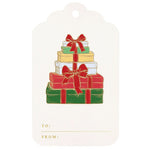The Crane Wrapped Gifts Gift Tag Set features gold foil tags with stacked presents and red bows, plus "To:" and "From:" spaces at the bottom—ideal for wrapping gifts.