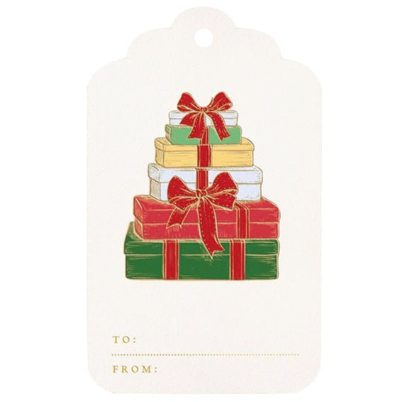 The Crane Wrapped Gifts Gift Tag Set features gold foil tags with stacked presents and red bows, plus "To:" and "From:" spaces at the bottom—ideal for wrapping gifts.