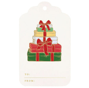 The Crane Wrapped Gifts Gift Tag Set features gold foil tags with stacked presents and red bows, plus "To:" and "From:" spaces at the bottom—ideal for wrapping gifts.