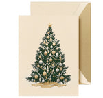 The Crane Silver and Gold Beaded Tree Card Set features a festive tree with gold and white ornaments, ribbon, and star topper, displayed in front of a gold-lined envelope.