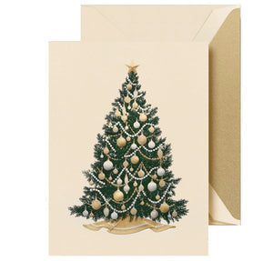 The Crane Silver and Gold Beaded Tree Card Set features a festive tree with gold and white ornaments, ribbon, and star topper, displayed in front of a gold-lined envelope.