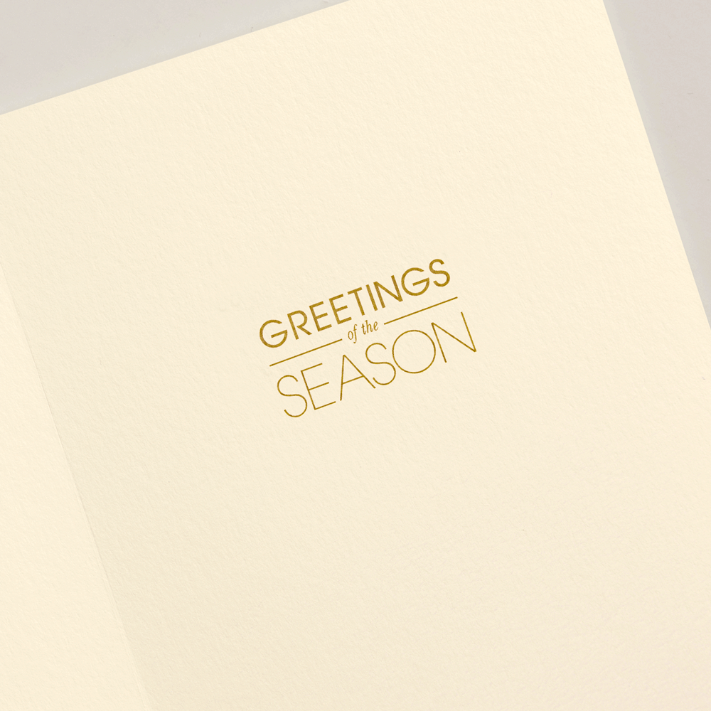 The Oh What Fun Card Set by Crane features an open cream-colored holiday card with "GREETINGS of the SEASON" elegantly printed in gold on the right—perfect for sending festive cheer.