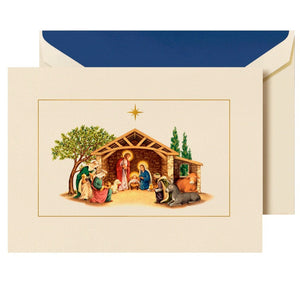 The Crane Away In A Manger Card Set features a nativity scene with Mary, Joseph, baby Jesus in a manger, animals, and shepherds beneath a simple stable topped with a star.