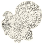 Bring a festive touch to your holiday crafts with the Hester & Cook Die Cut Coloring Turkey Placemat—a line drawing of a turkey standing in profile, complete with detailed feathers and an impressive fanned tail—perfect for a fun coloring activity.